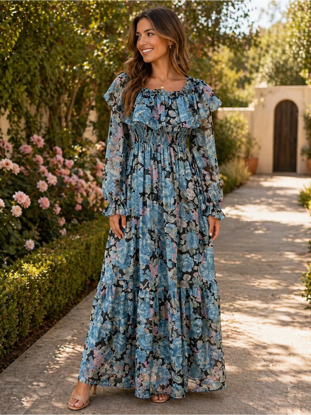 Vintage 1970’s Candi Jones Floral Ruffle Long Sleeve Maxi Dress Blue Large